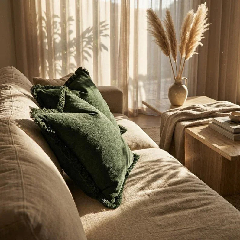 Two textured olive green throw pillows with frayed edges styled on a cozy light beige linen sofa in a sunlit living room.