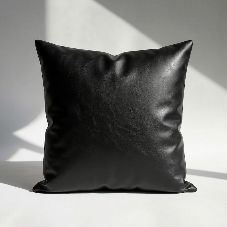 Single black vegan leather pillow cover square shape with natural grain detail