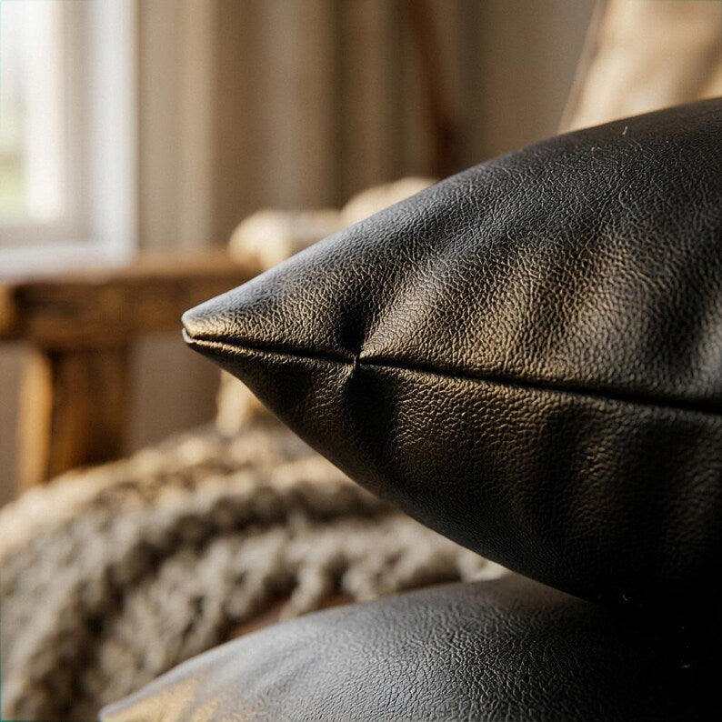 Black Vegan Leather Pillow Covers Set of 2