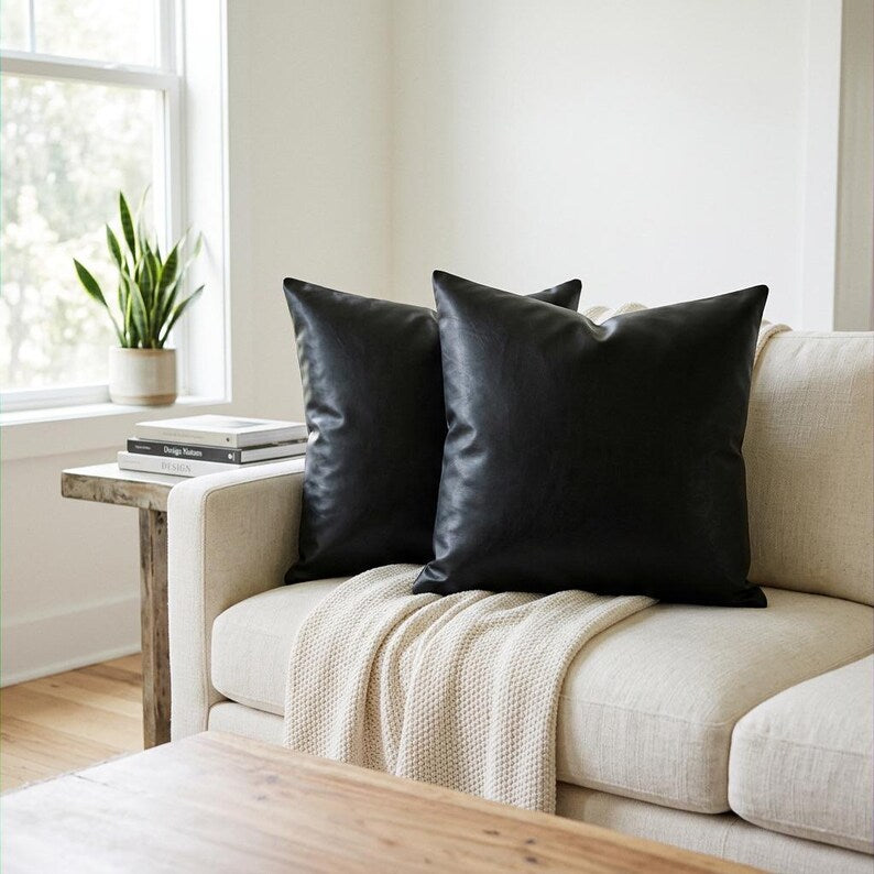 Black Vegan Leather Pillow Covers Set of 2