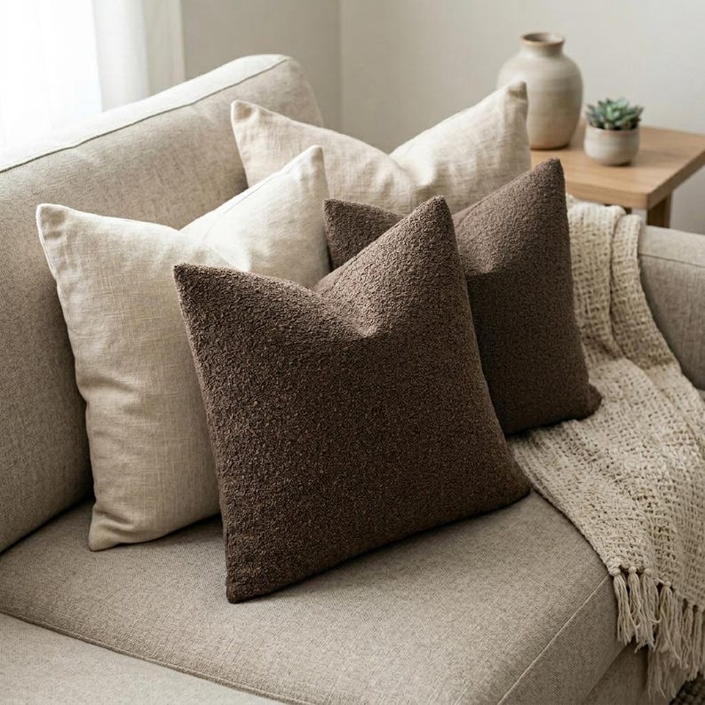 Two brown boucle pillow covers styled with two off-white cushions on a light beige sofa, featuring a knitted throw blanket.