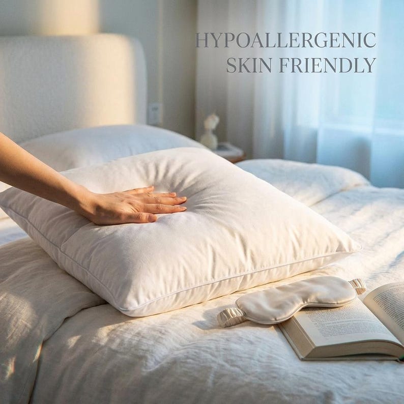 Hypoallergenic white down alternative pillow insert on a clean white bed with a hand gently touching it. Skin-friendly...