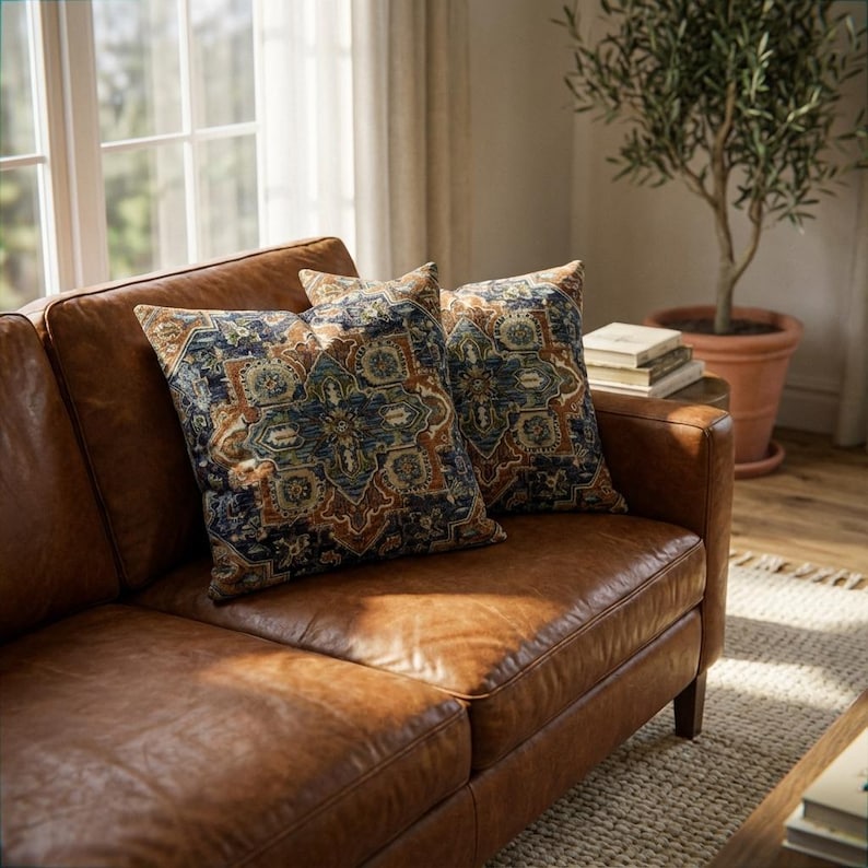 Set of 2 Persian medallion chenille pillow covers styled on a brown leather sofa in a bright living room