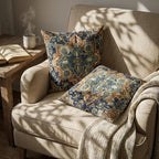 Persian chenille throw pillow covers set of 2 displayed on a linen armchair with cozy reading nook styling