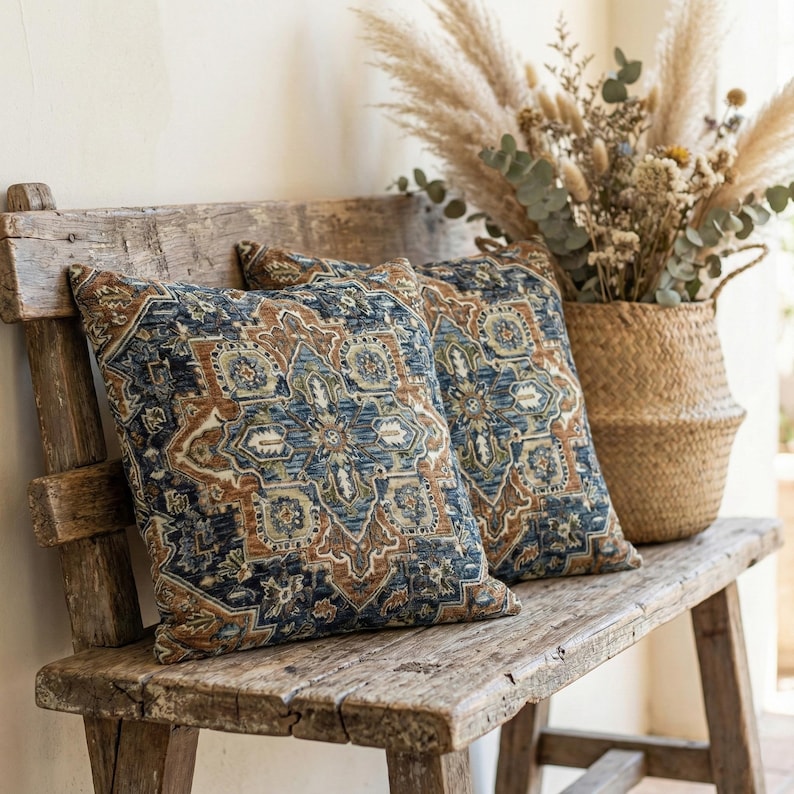 Two Persian chenille throw pillow covers on a rustic wooden bench with a woven basket of dried pampas grass decor.