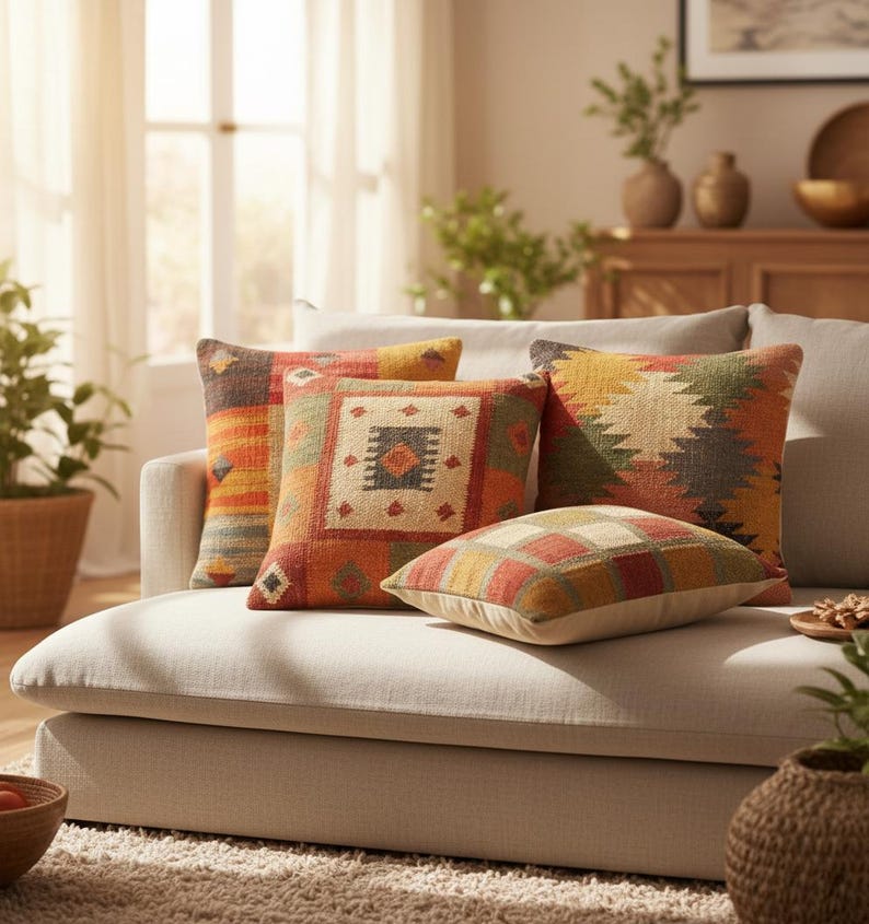 Wool Jute Kilim Cushion Covers Set of 4