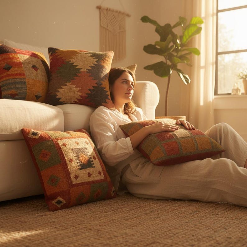 Wool Jute Kilim Cushion Covers Set of 4
