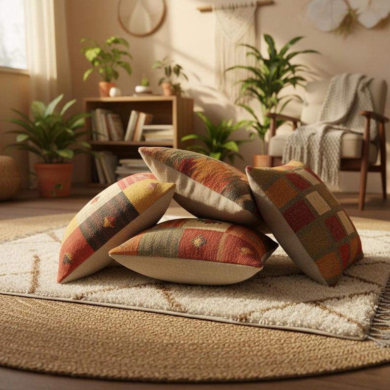 Wool Jute Kilim Cushion Covers Set of 4