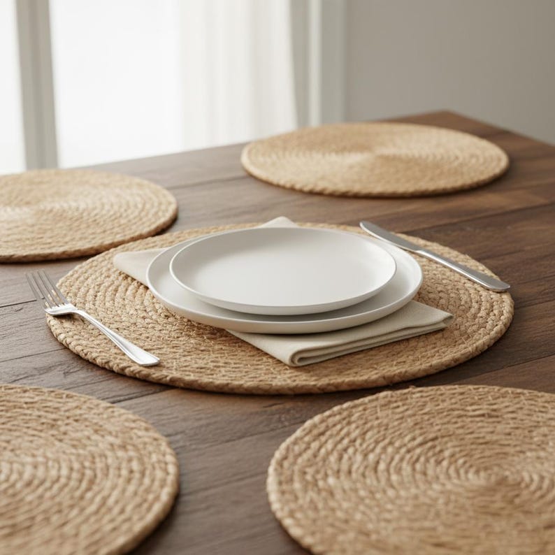 Six round woven jute placemats set on wooden dining table with white dinnerware