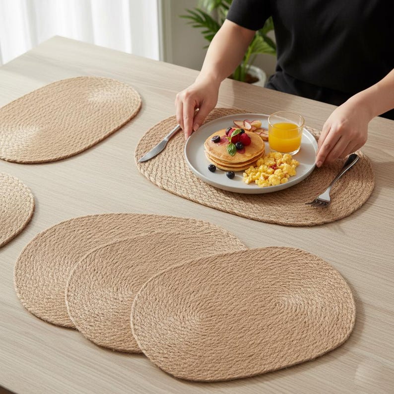 Set of 6 round braided jute placemats styled on dining table with breakfast plates