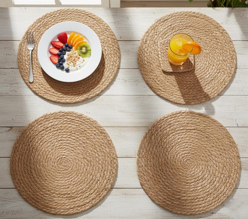 Natural Jute Woven Placemats Set of 6 - 13 inch Round - Larissa Home Decor