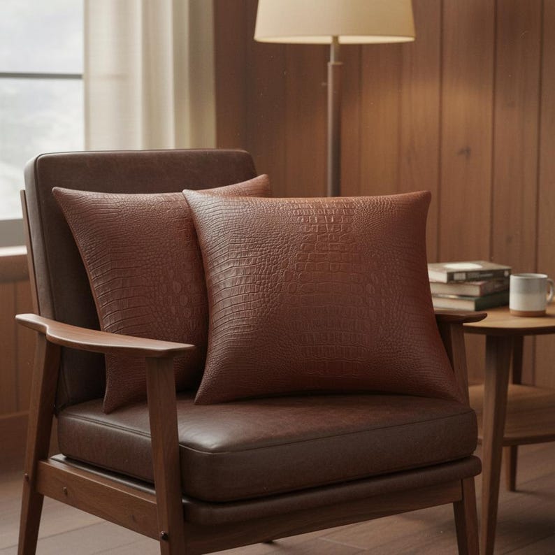 Two rich brown faux leather crocodile embossed pillows on a modern brown armchair in a warm living room setting with lamp...