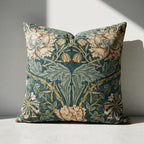 William Morris floral velvet throw pillow cover in deep teal with botanical print on neutral sofa