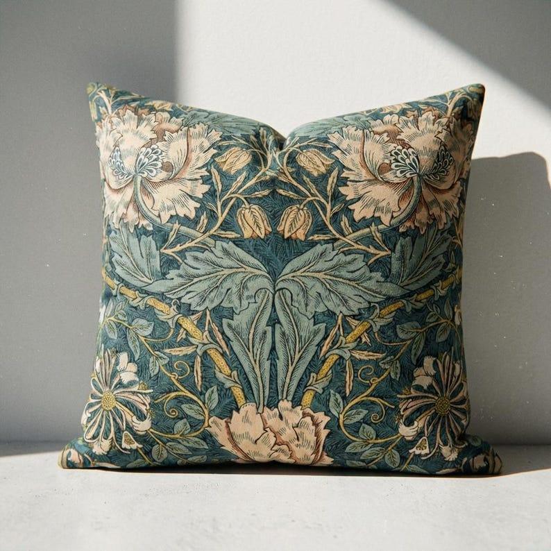 William Morris floral velvet throw pillow cover in deep teal with botanical print on neutral sofa