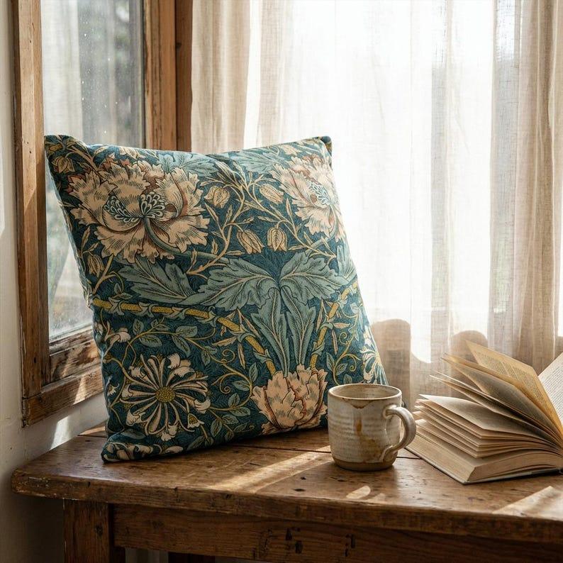 William Morris Arts and Crafts floral pillow cover in deep teal with blush and gold botanical motifs