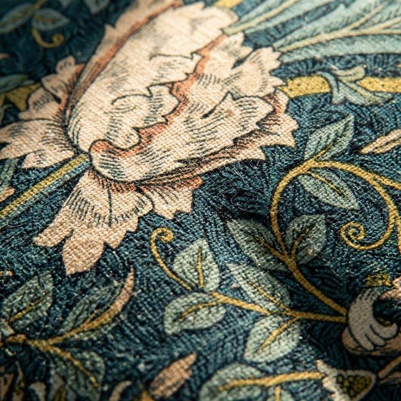 Close-up of William Morris velvet pillow cover showing botanical floral print texture in teal and blush