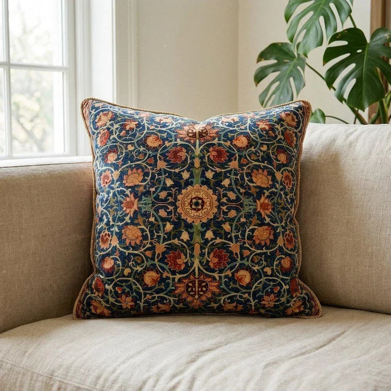 William Morris velvet throw pillow cover styled on a linen sofa with botanical medallion print in navy, coral, and gold