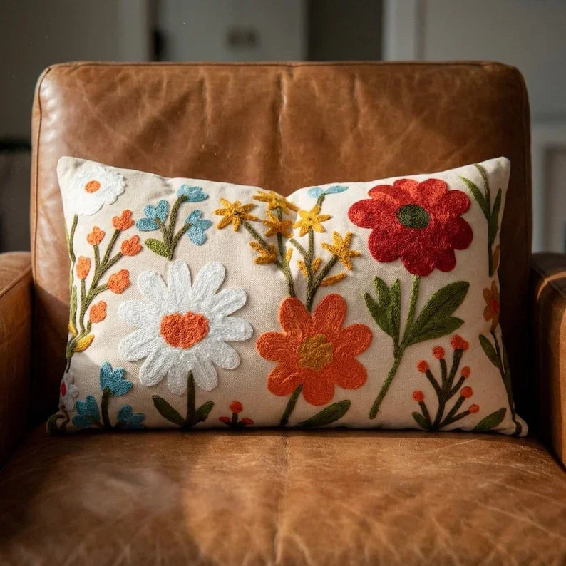Embroidered Wildflower Pillow Cover - Larissa Home Decor - US - Pillow Cover