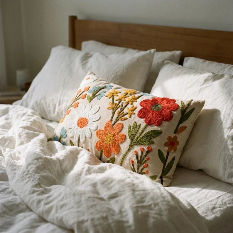 Embroidered Wildflower Pillow Cover - Larissa Home Decor - US - Pillow Cover
