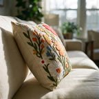 Floral embroidered pillow cover on beige linen sofa in bright living room — artisan home decor