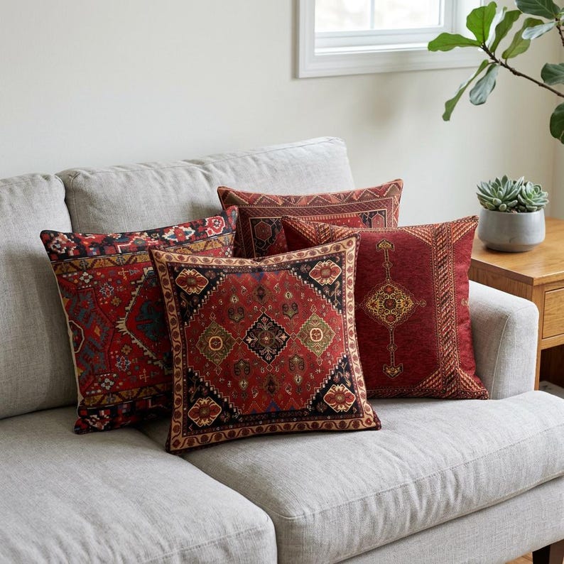 Burgundy Kilim Pillow Cover Set of 4, Boho Moroccan Cushion Covers