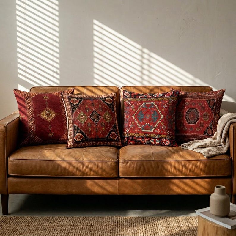 Burgundy Kilim Pillow Cover Set of 4, Boho Moroccan Cushion Covers