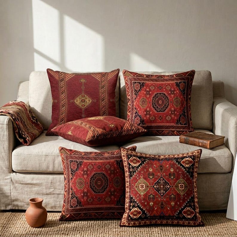 Burgundy Kilim Pillow Cover Set of 4, Boho Moroccan Cushion Covers