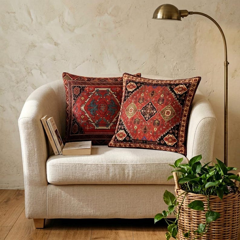 Burgundy Kilim Pillow Cover Set of 4, Boho Moroccan Cushion Covers