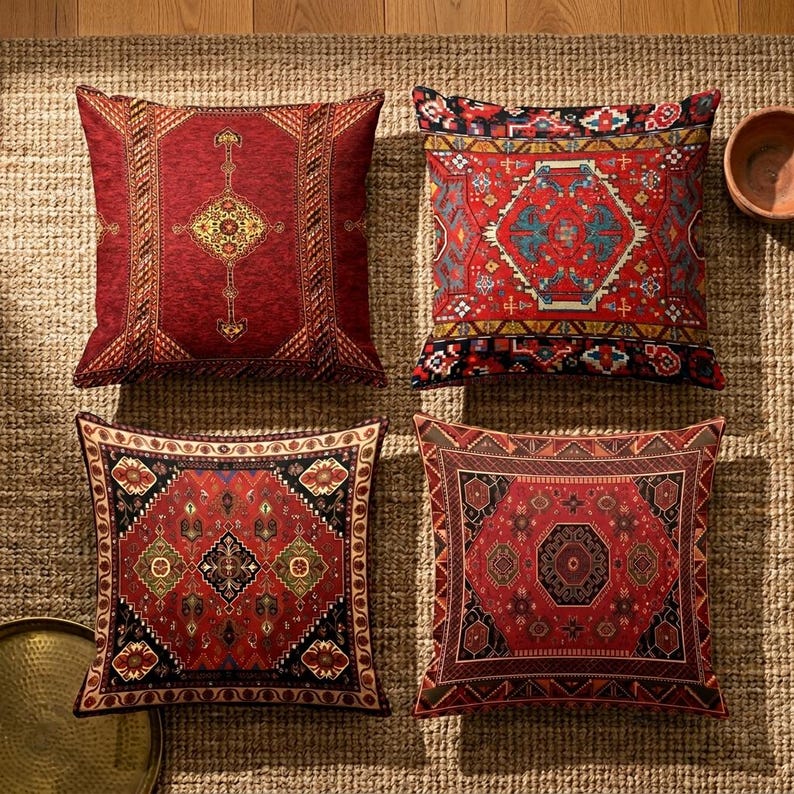 Burgundy Kilim Pillow Cover Set of 4, Boho Moroccan Cushion Covers