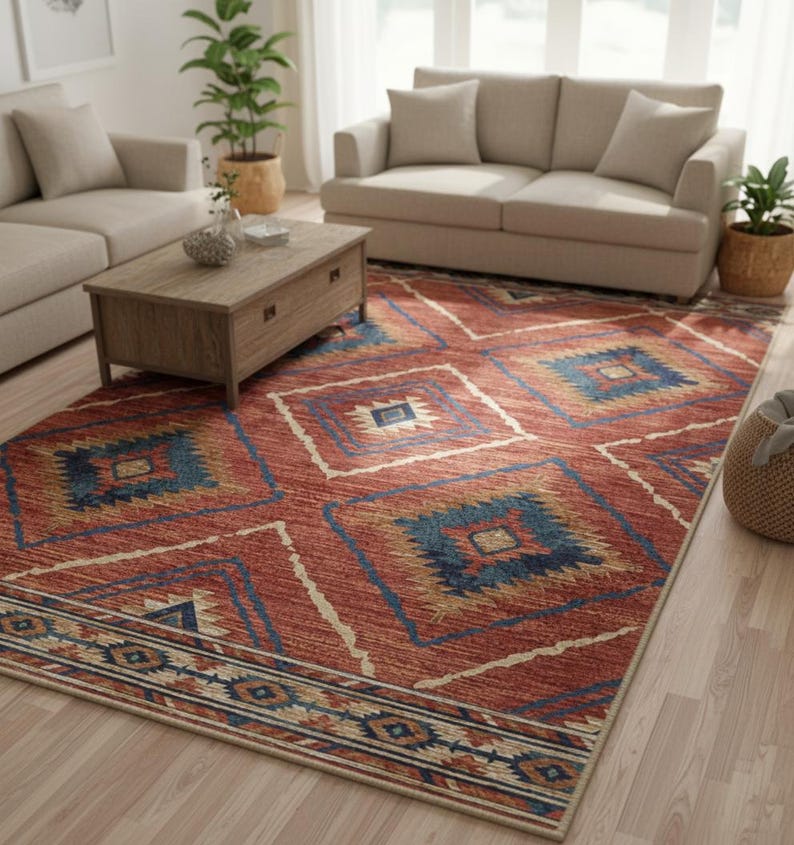 Southwestern geometric area rug styled in neutral living room with beige sofa and wood coffee table
