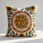 Handcrafted embroidered celestial sun zodiac throw pillow cover on off-white cotton canvas with sunflower vine motifs