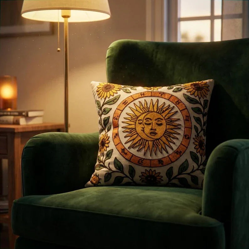 Artisan embroidered sun zodiac throw pillow cover styled on a green velvet armchair in a warm living room