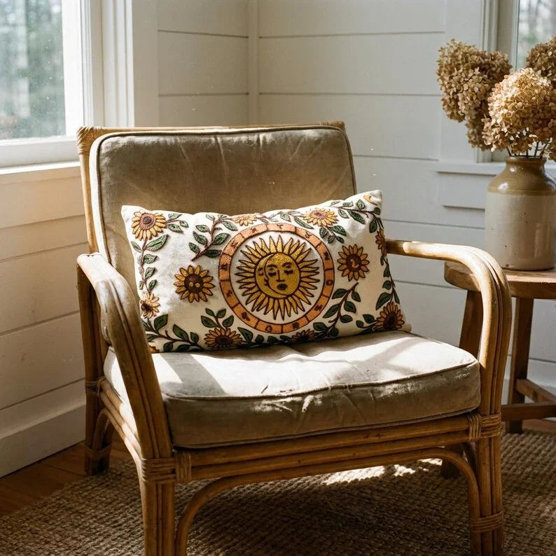Embroidered Sun Moon Pillow Cover - Larissa Home Decor - US - Pillow Cover
