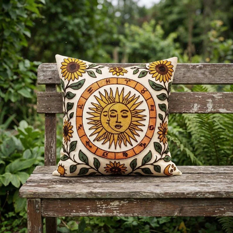 Embroidered Sun Moon Pillow Cover - Larissa Home Decor - US - Pillow Cover