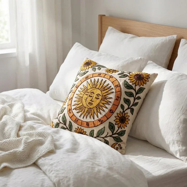 Embroidered Sun Moon Pillow Cover - Larissa Home Decor - US - Pillow Cover