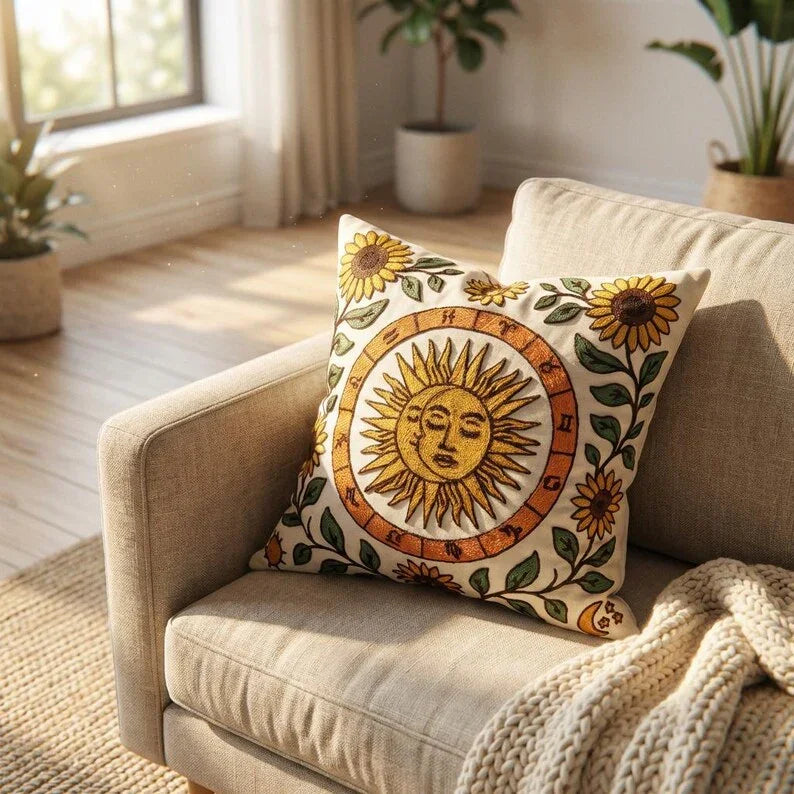 Embroidered Sun Moon Pillow Cover - Larissa Home Decor - US - Pillow Cover
