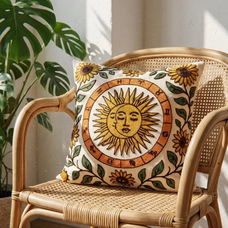 Embroidered Sun Moon Pillow Cover - Larissa Home Decor - US - Pillow Cover