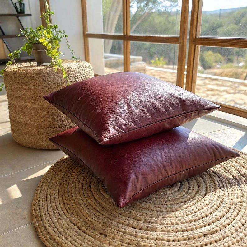 Burgundy Vegan Leather Pillow Cover Set of 2 - Larissa Home Decor - US - Pillow Cover
