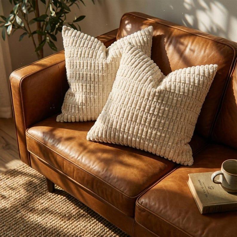 Set of two square light beige corduroy throw pillow covers on a warm brown leather sofa with a plant.