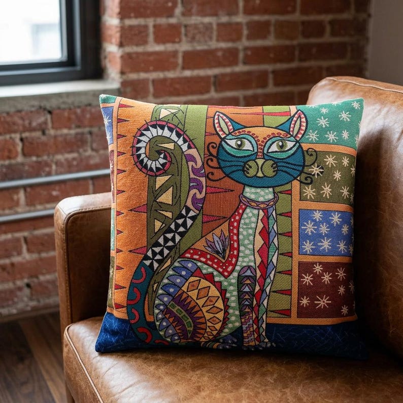 Eclectic Maximalist Cat Tapestry Colorful Folk Art Woven Cushion Case