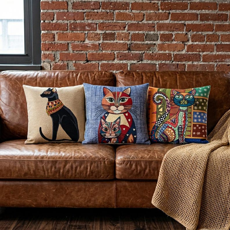 Eclectic Maximalist Cat Tapestry Colorful Folk Art Woven Cushion Case