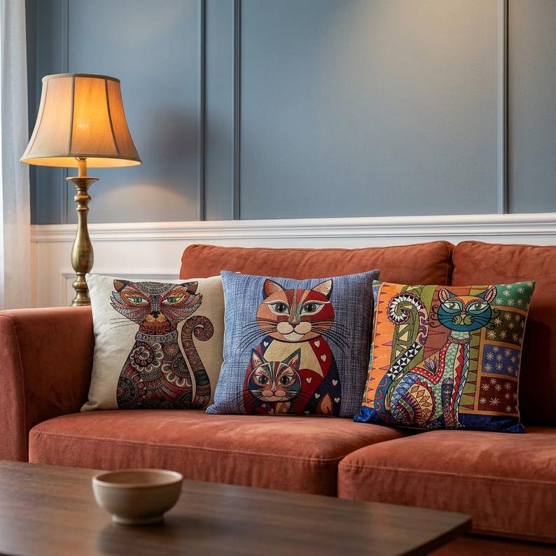 Eclectic Maximalist Cat Tapestry Colorful Folk Art Woven Cushion Case