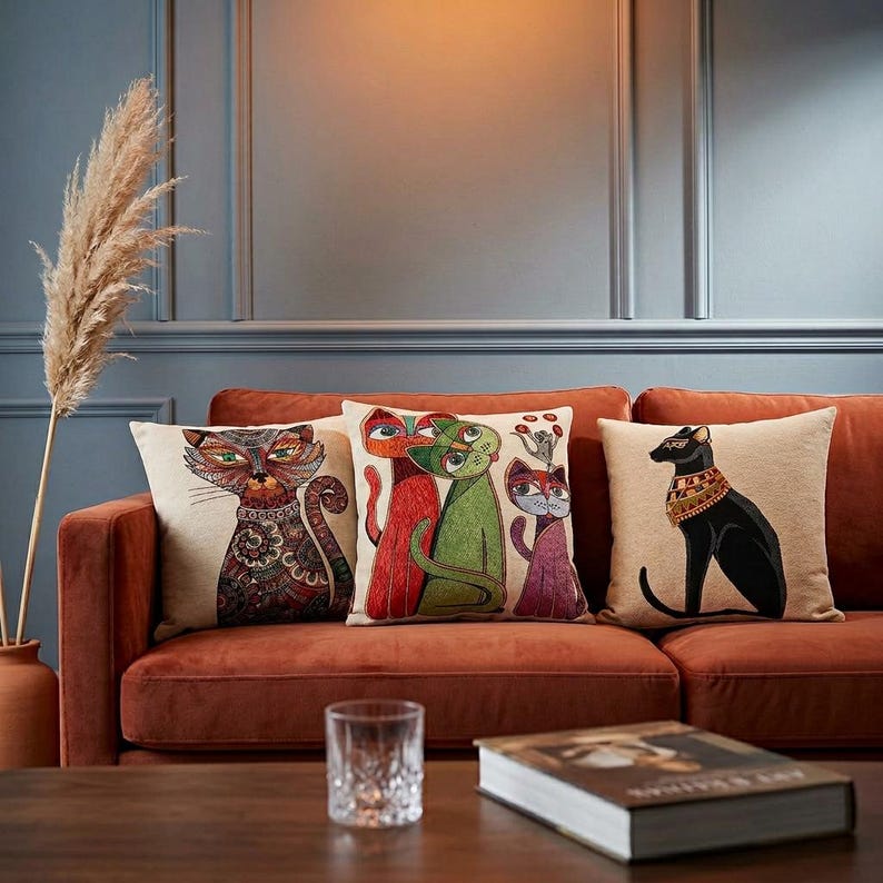 Eclectic Maximalist Cat Tapestry Colorful Folk Art Woven Cushion Case