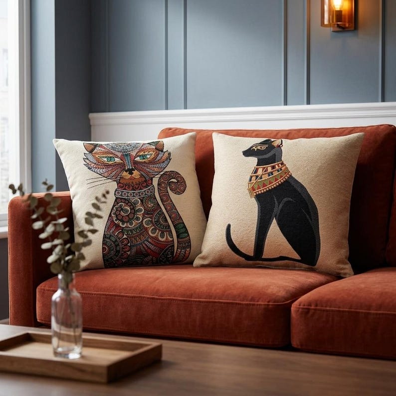 Eclectic Maximalist Cat Tapestry Colorful Folk Art Woven Cushion Case