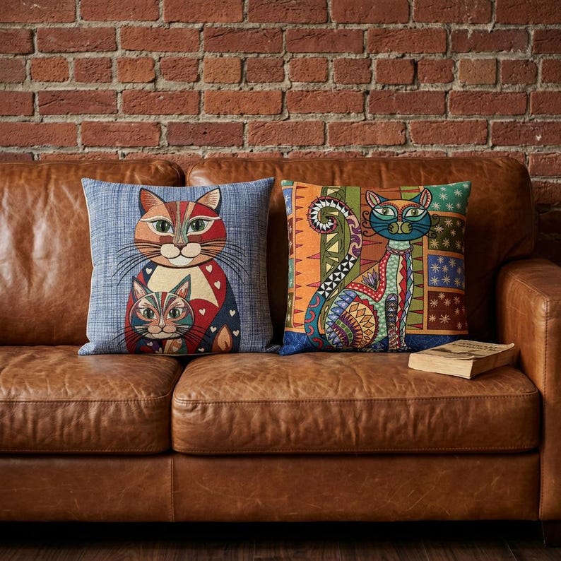 Eclectic Maximalist Cat Tapestry Colorful Folk Art Woven Cushion Case