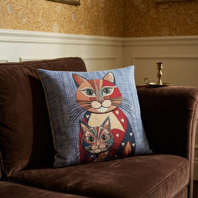 Eclectic Maximalist Cat Tapestry Colorful Folk Art Woven Cushion Case