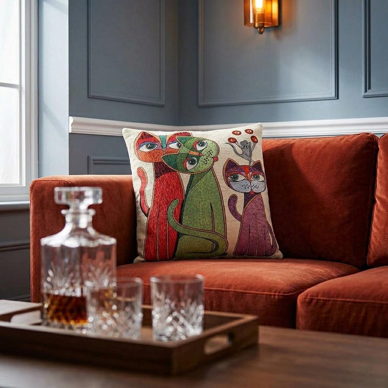 Eclectic Maximalist Cat Tapestry Colorful Folk Art Woven Cushion Case