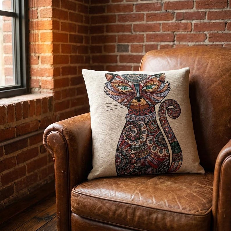 Eclectic Maximalist Cat Tapestry Colorful Folk Art Woven Cushion Case