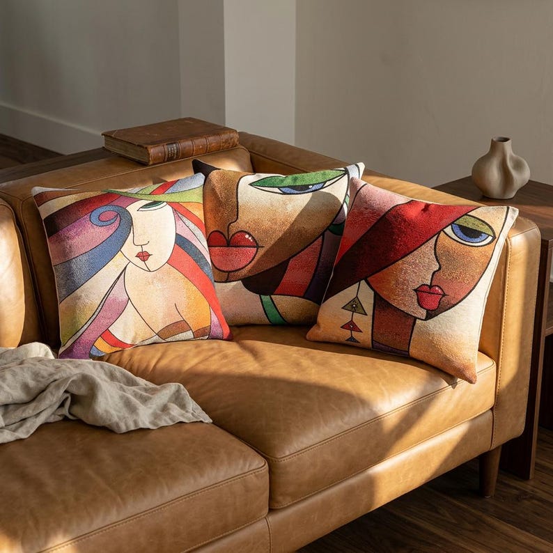 Cubist Face Pillow Cover, Colorful Abstract Art Tapestry Cushion Case