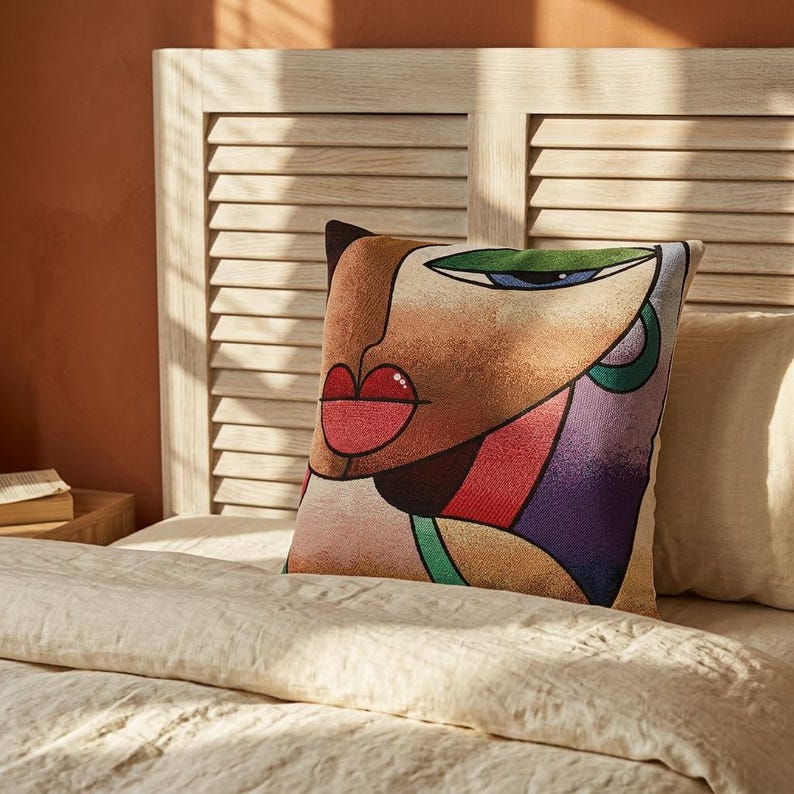 Cubist Face Pillow Cover, Colorful Abstract Art Tapestry Cushion Case